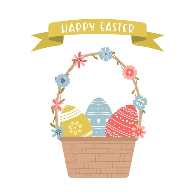 Tarjeta de felicitación de Pascua Una linda canasta de mimbre decorada con flores y decorada con huevos de Pascua La inscripción en la cinta es Feliz Pascua Ilustración vectorial de dibujos animados en fondo blanco