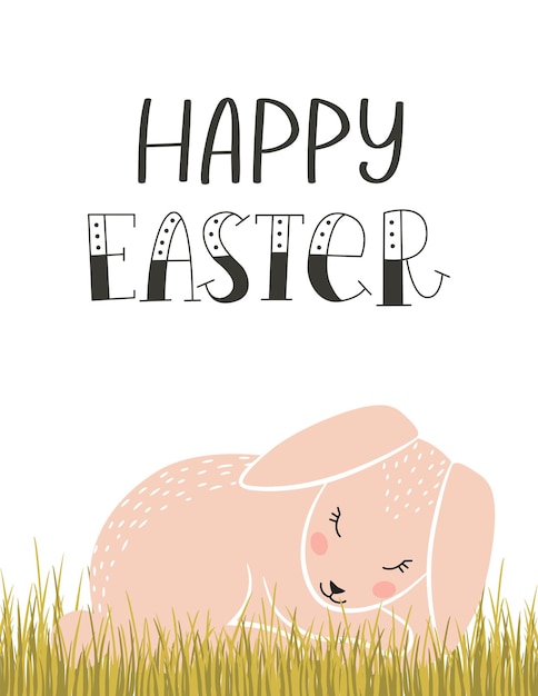 Tarjeta de felicitación de pascua con un lindo conejito de pascua rosa durmiendo en la hierba y una frase de letras a mano feliz pascua color ilustración vectorial de dibujos animados planos sobre fondo blanco