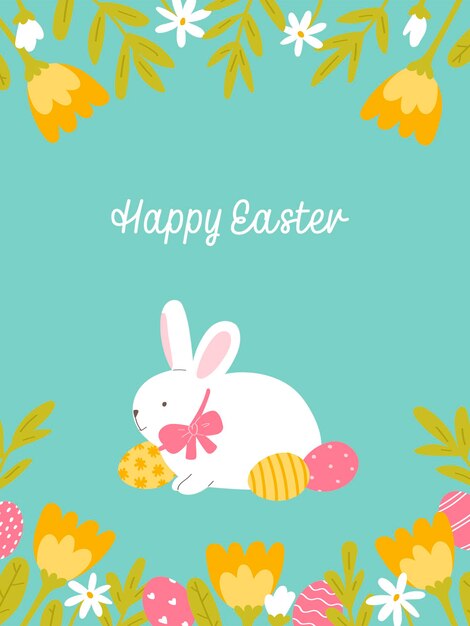Tarjeta de felicitación de Pascua Lindo conejito sobre un fondo azul Ilustración de vector de estilo plano
