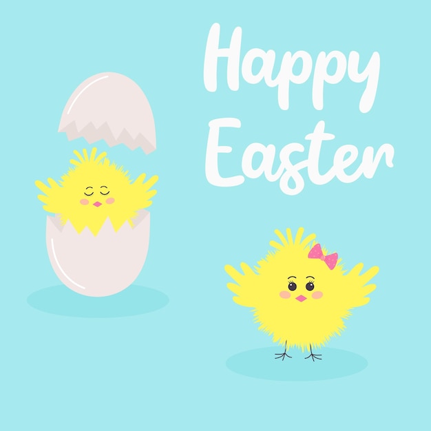 Tarjeta de felicitación de pascua con pollo saliendo del huevo y lindo pollito amarillo esponjoso con lazo rosa