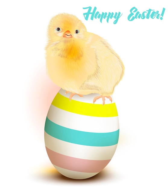 Tarjeta de felicitación de Pascua con pollo sentado en un huevo