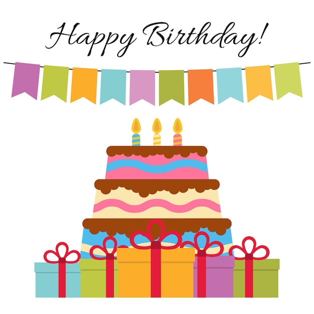 Tarjeta de felicitación con pastel dulce para celebración de cumpleaños. Ilustración vectorial