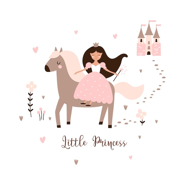 Tarjeta de felicitación con una pequeña princesa a caballo Ilustración vectorial