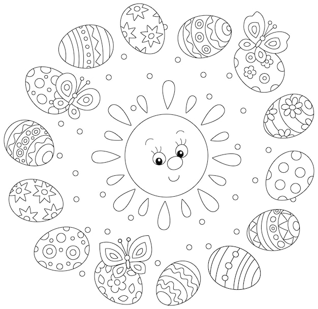 Tarjeta de felicitación con un pequeño sol feliz y huevos de regalo decorados con mariposas alegres volando alrededor