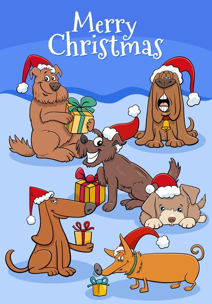 Tarjeta de felicitación con personajes de perros de dibujos animados en Navidad