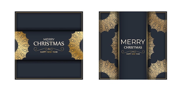 Tarjeta de felicitación de plantilla feliz año nuevo en azul oscuro con adorno de oro de invierno