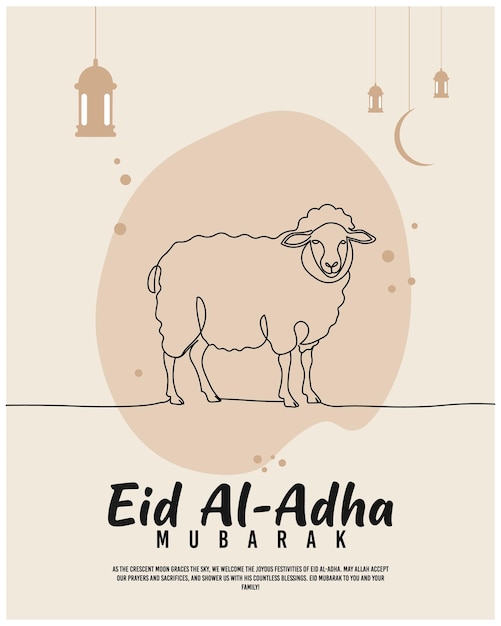 Tarjeta de felicitación y póster de Eid al-Adha Mubarak con ilustraciones de ovejas