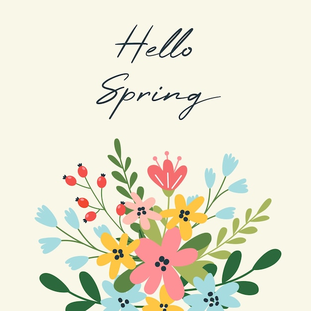 Tarjeta de felicitación de primavera o plantilla de postal con flores de ramo ilustración linda encantadora