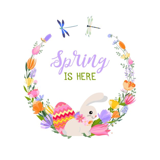 Vector tarjeta de felicitación de primavera de pascua inscripción la primavera está aquí