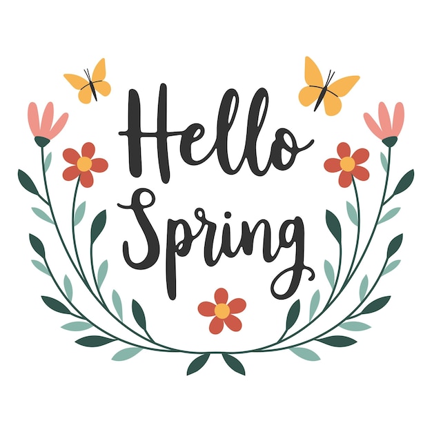 Tarjeta de felicitación de primavera con el texto Hola Primavera Diseño botánico elegante flores hojas y mariposas