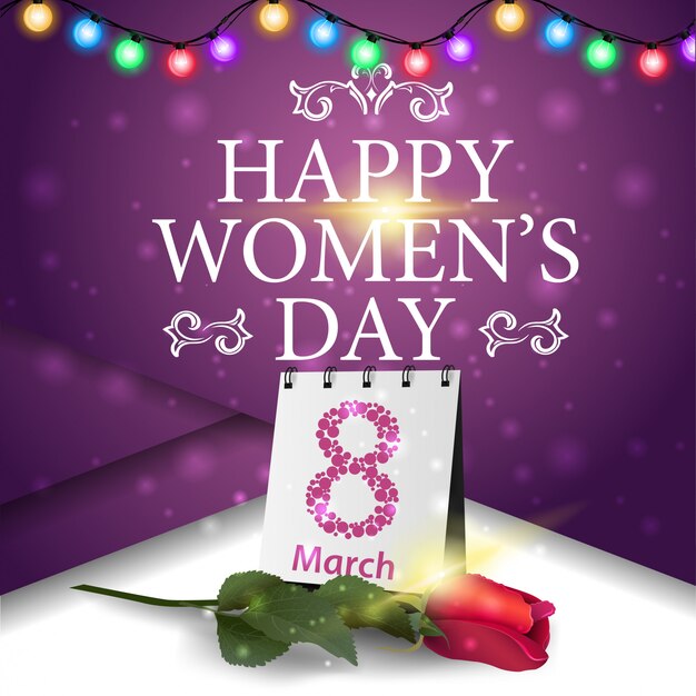 Tarjeta de felicitación púrpura del día de las mujeres con rosa y calendario