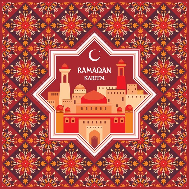 Vector tarjeta de felicitación de ramadán con la imagen de la antigua ciudad de oriente medio con mezquitas