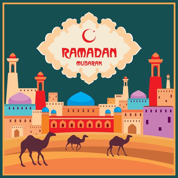 Tarjeta de felicitación de ramadán con la imagen de la gran mezquita hermosa