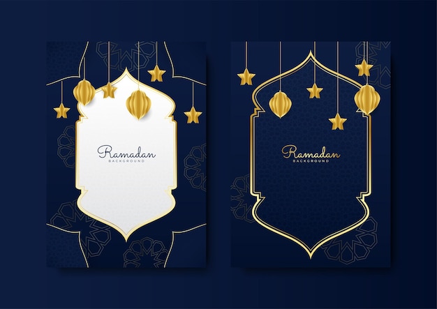 Tarjeta de felicitación de ramadán islámico de moda y plantilla de fondo de póster con patrón de linterna de mezquita y diseño de media luna para invitación de iftar ramadhan mubarak kareem ilustración vectorial