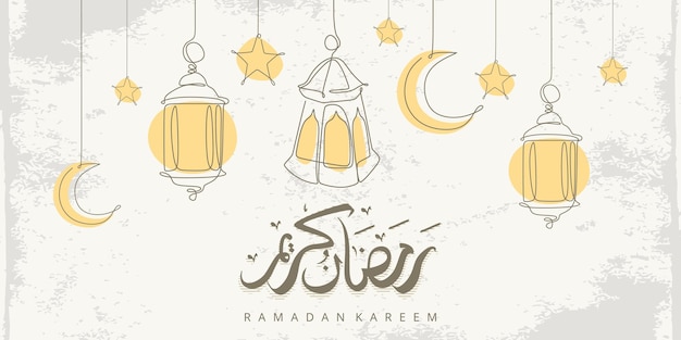 Tarjeta de felicitación Ramadan Kareem con adorno islámico de una línea y caligrafía significa Holly Ramadan Vintage ilustración vectorial dibujada a mano aislada sobre fondo blanco