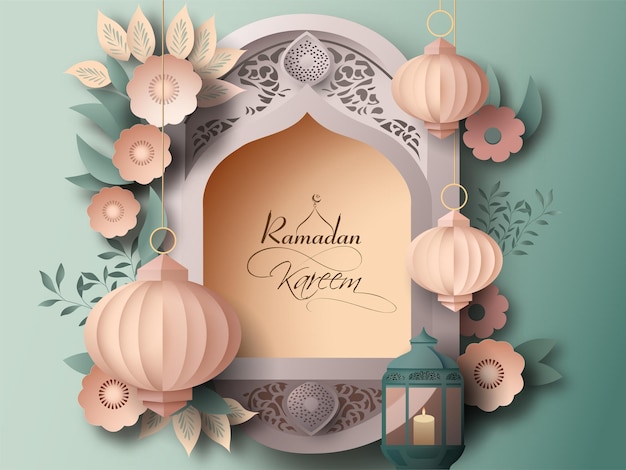 Tarjeta de felicitación de Ramadán Kareem con adornos de estilo de papel Lámpara encendida sobre fondo decorado con flores