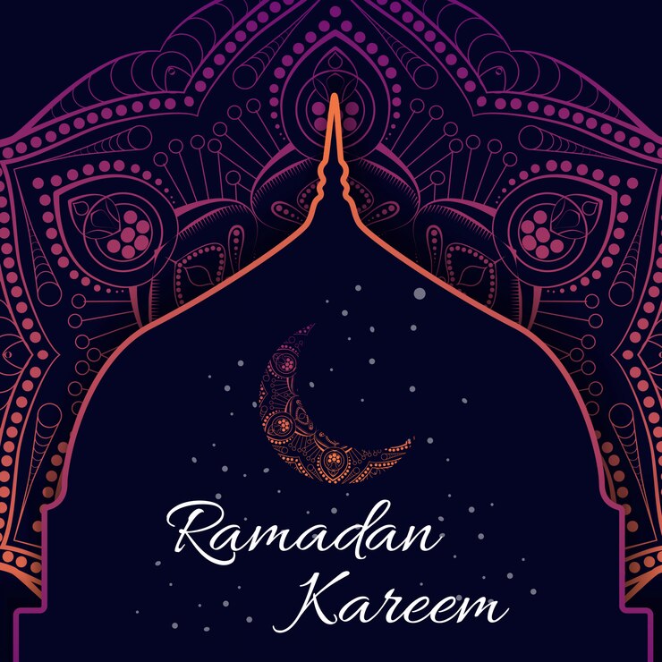 Tarjeta de felicitación de Ramadan Kareem con caligrafía. Símbolos de la fiesta islámica. Silueta de cúpula de luna creciente y mezquita con patrón árabe y caligrafía