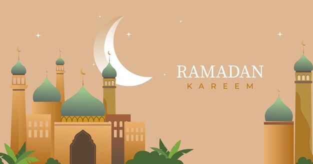 Tarjeta de felicitación de Ramadan kareem cartel de bandera de fondo mezquita con luna y estrellas