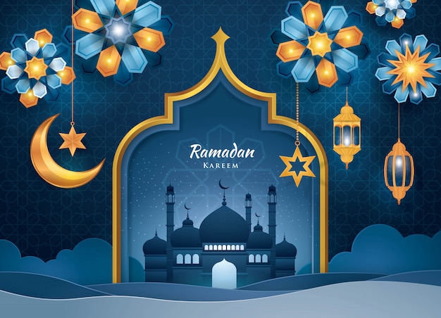 Tarjeta de felicitación Ramadan Kareem, estilo de arte islámico, arte de papel