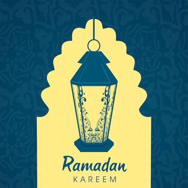 Tarjeta de felicitación de Ramadán Kareem con farol árabe colgado en fondo de patrón islámico amarillo y azul