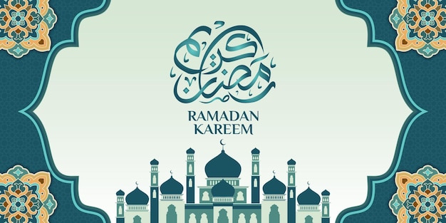 Tarjeta de felicitación Ramadan Kareem con un fondo azul y una mezquita en el medio.