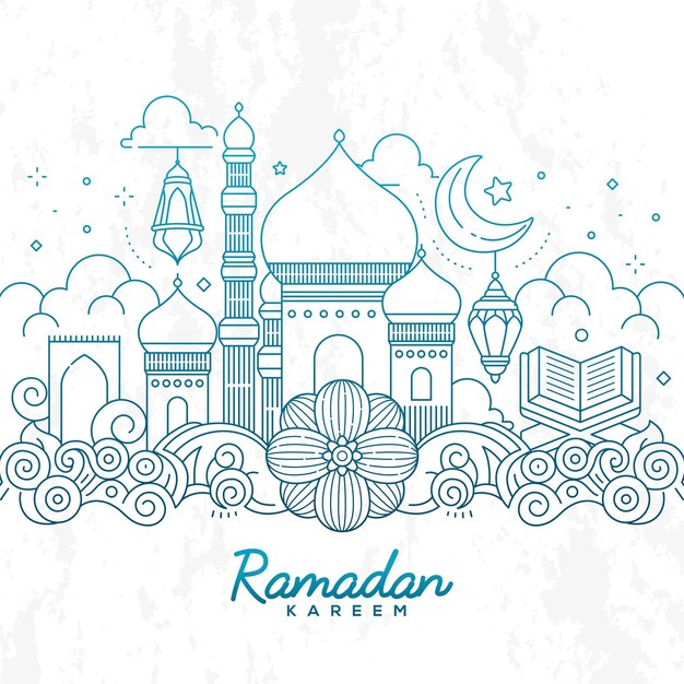 Tarjeta de felicitación de Ramadán Kareem con un gran boceto del contorno de la mezquita y caligrafía árabe