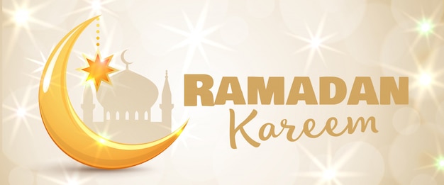 Tarjeta de felicitación de Ramadán Kareem. Islámica de oro luna creciente y estrella. Banner horizontal para el mes sagrado musulmán Ramadán.