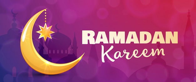 Tarjeta de felicitación de Ramadán Kareem. Islámica de oro luna creciente y estrella. Banner horizontal para el mes sagrado musulmán Ramadán.