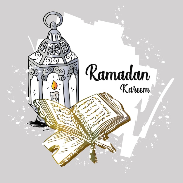 Tarjeta de felicitación Ramadan Kareem con linterna y Corán