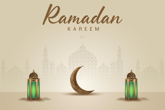 Tarjeta de felicitación de ramadan kareem con linternas doradas, luna dorada y mezquita