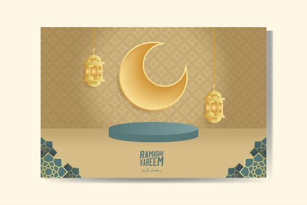 Tarjeta de felicitación de ramadán kareem con luna creciente de oro y linterna ilustración de vector de fondo de ramadán mubarak