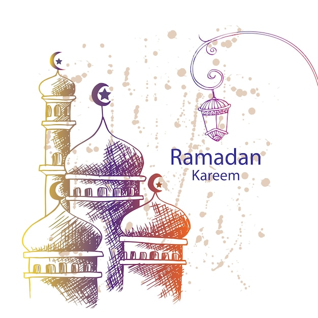 Tarjeta de felicitación de ramadán kareem con mezquita de boceto