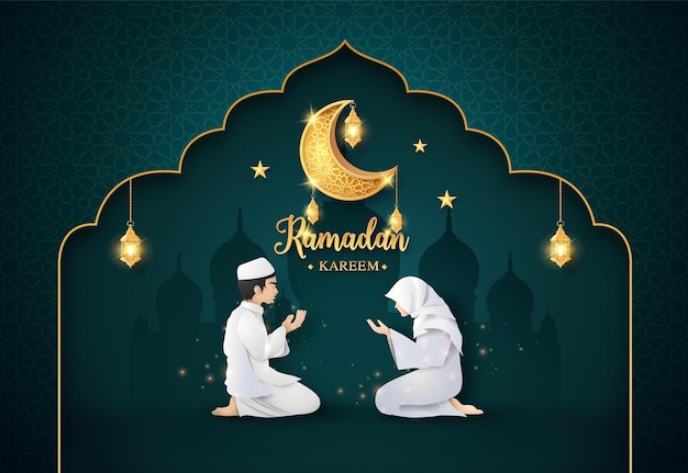 Tarjeta de felicitación de Ramadán Kareem con mezquita y luna dorada brillante con linterna, corte de papel