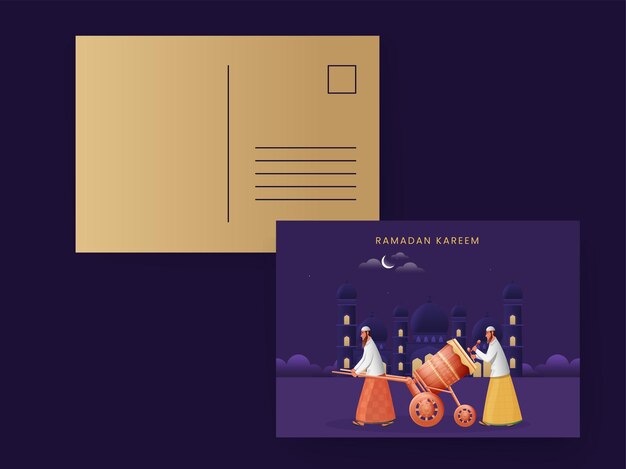 Vector tarjeta de felicitación de ramadan kareem con sobre en color dorado y morado