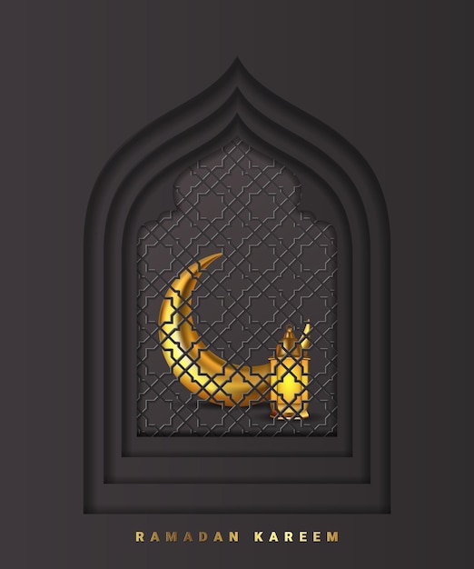 Tarjeta de felicitación de ramadán kareem con ventanas árabes cortadas en papel 3d, luna creciente dorada y linterna islámica