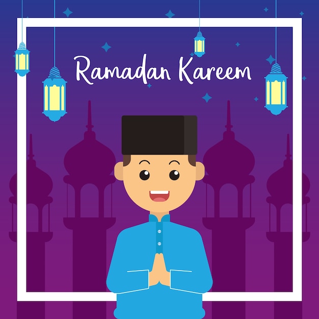 Tarjeta de felicitación ramadán kid con mezquita y linterna