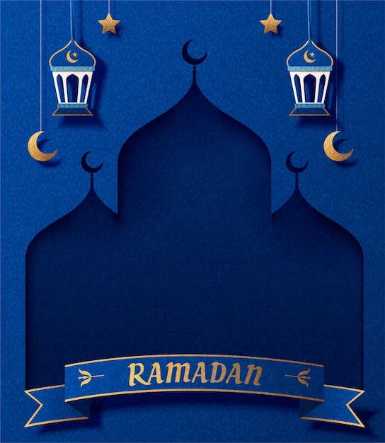 Tarjeta de felicitación de Ramadán con mezquita de arte en papel y linternas.