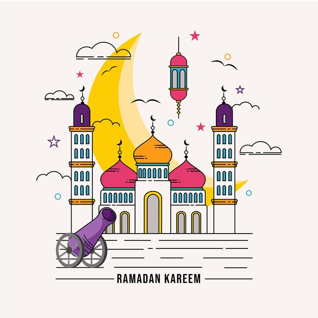 Una tarjeta de felicitación de ramadán con una mezquita y un carro dibujado a mano.