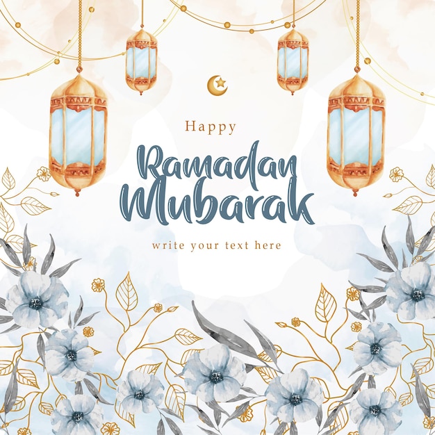 Tarjeta de felicitación de ramadan mubarak con fondo de pintura a mano de flores frías