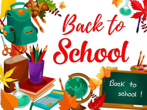 Tarjeta de felicitación de regreso a la escuela con útiles escolares