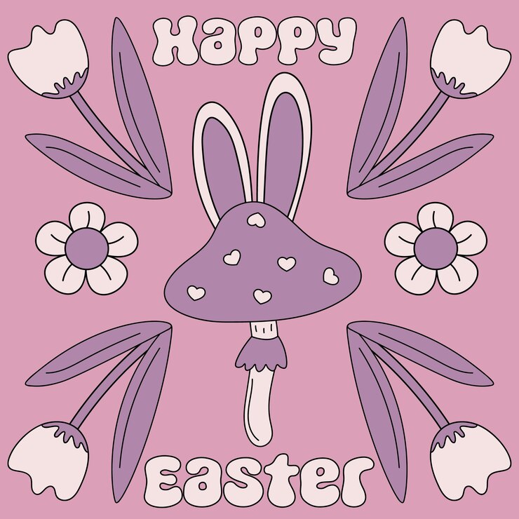 Tarjeta de felicitación retro trippy Happy Easter Fly hongo con flores Hongo con orejas de conejo