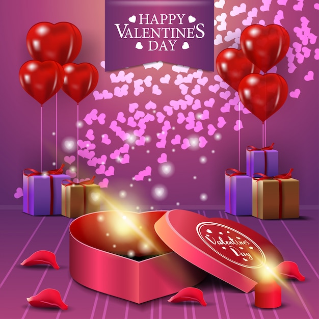 Tarjeta de felicitación rosada del día de tarjeta del día de San Valentín con los regalos