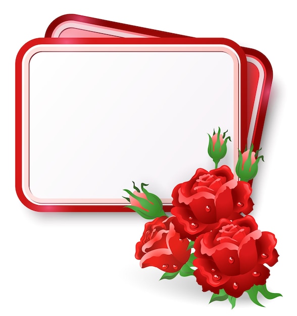 Tarjeta de felicitación con rosas rojas y gota de rocío