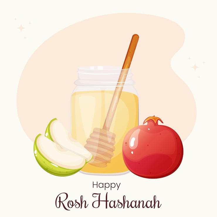 Vector tarjeta de felicitación de rosh hashanah con granada de miel y manzana