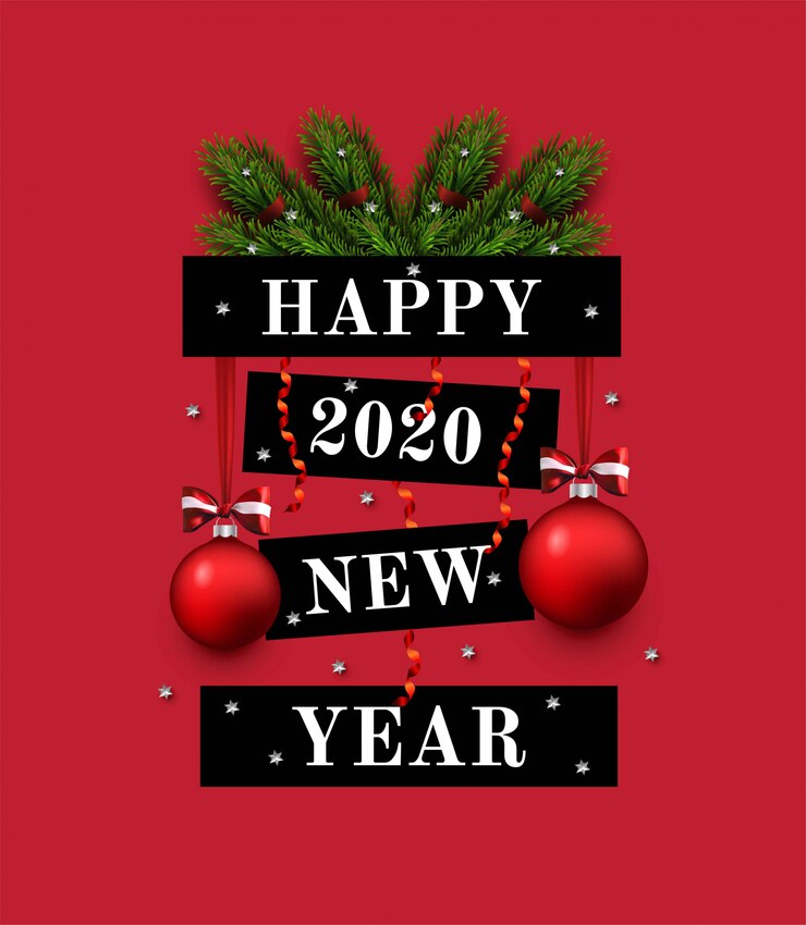 Tarjeta de felicitación con saludo de año nuevo, ramas de abeto, decoraciones. Año nuevo 2020