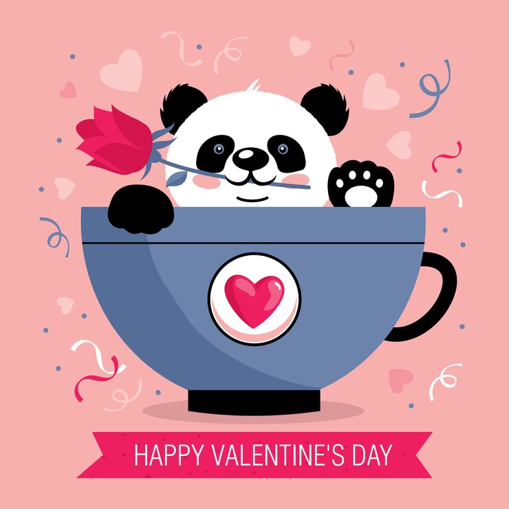 Vector tarjeta de felicitación de san valentín con lindo panda en una taza