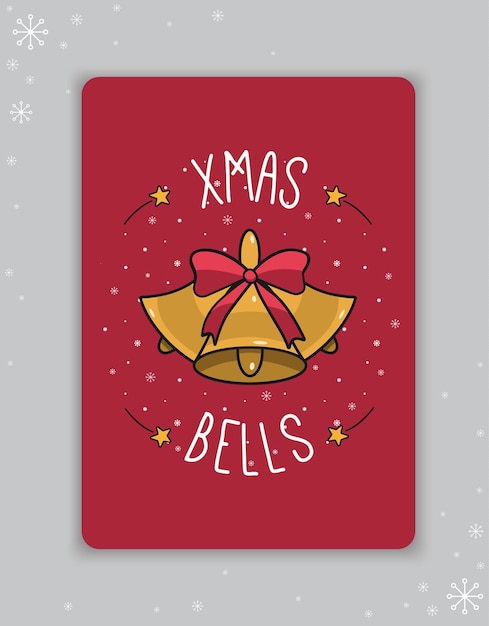 Tarjeta de felicitación Tarjeta de felicitación de Navidad de Año Nuevo con estrellas de campanas y letras de Navidad Ilustración vectorial