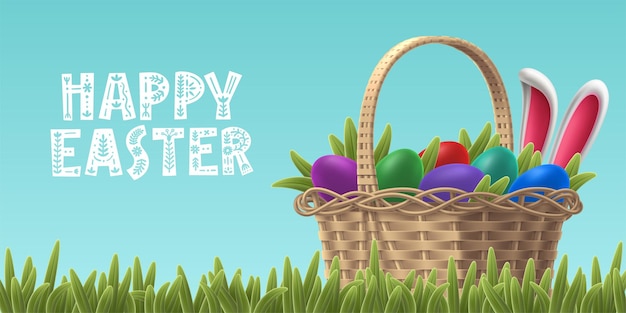 Tarjeta de felicitación con tipografía feliz pascua cesta de mimbre realista volumétrica con huevos de colores y orejas de conejo sobre hierba plantilla de vector colorido para fondo de pantalla de banner vacaciones cristianas de primavera