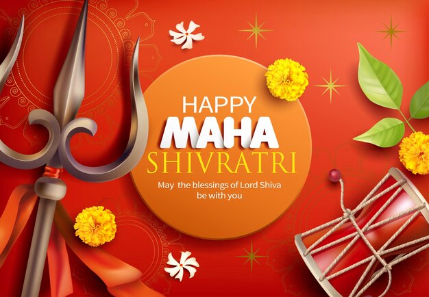 Tarjeta de felicitación con trishula damru bilva hojas de zendu y flores parijat para Maha Shivratri a Hi