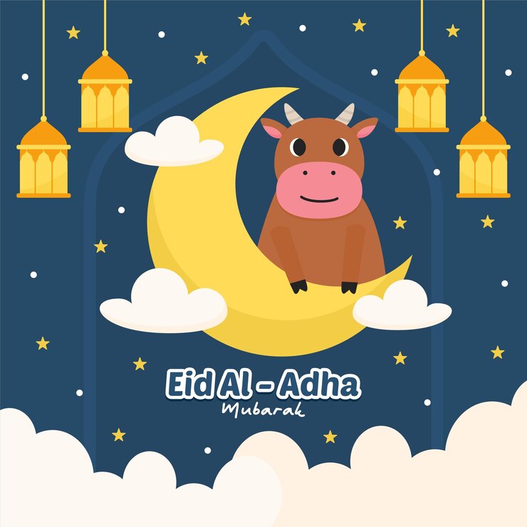 Tarjeta de felicitación de la vaca para el Eid al-Adha Mubarak